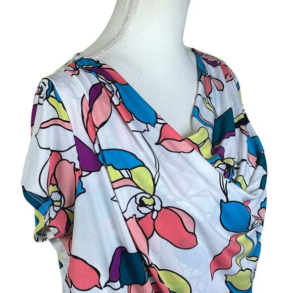 Worthington Top Women Large White Blue Yellow Floral Cowl Neck Draped Stretch - Picture 3 of 10